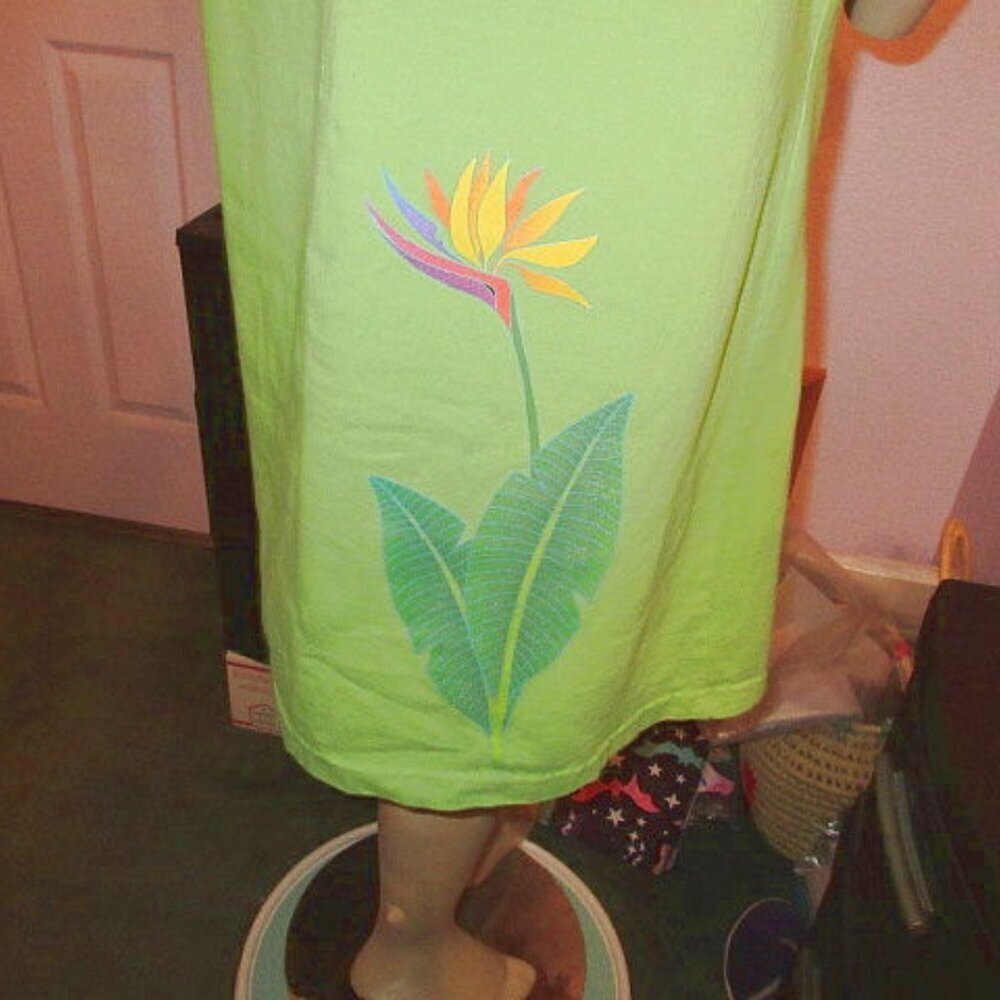 Sabaku Art Paradise T-Shirt Dress Size M Pockets Stretch Birds Lotus Floral Boho - Picture 12 of 12